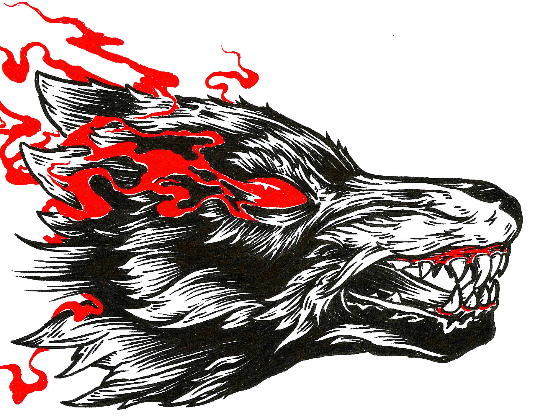 Sketched wolf with red fiery eyes